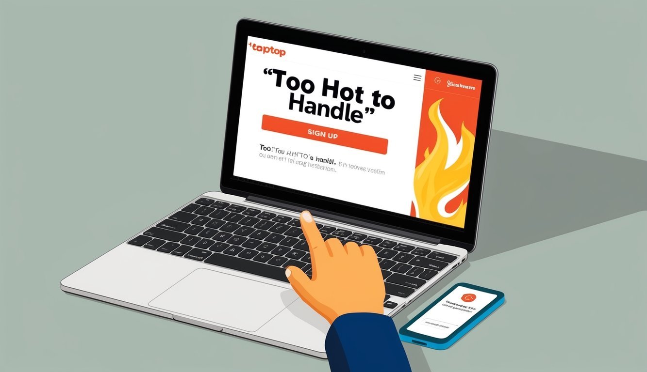 A laptop open to the "Too Hot to Handle" sign-up page, with a cursor hovering over the registration button