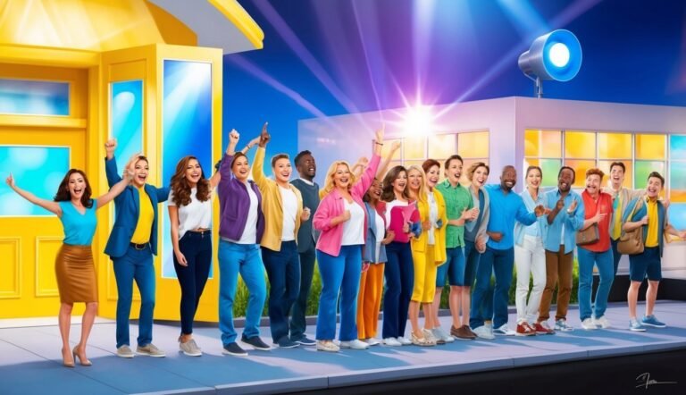 Group of diverse people celebrating in front of a yellow building