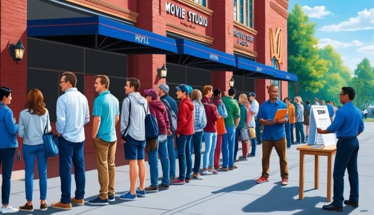 People line up outside a movie studio, waiting for a show