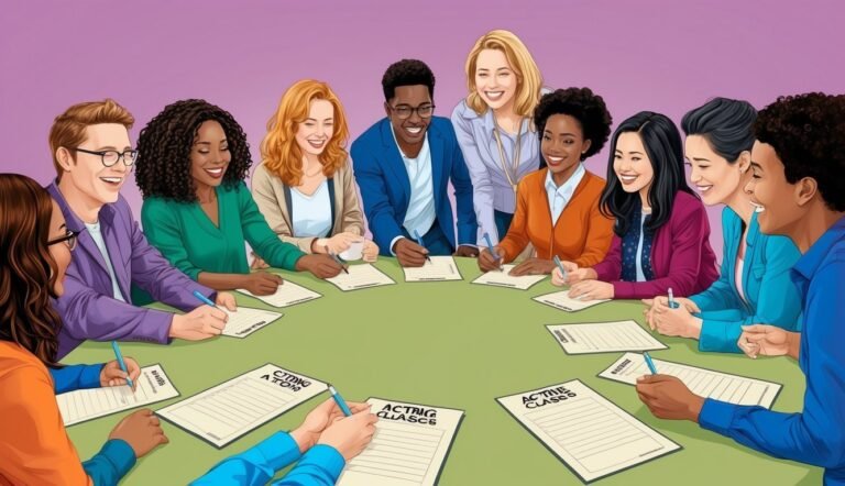Diverse group of people smiling and writing at a round table