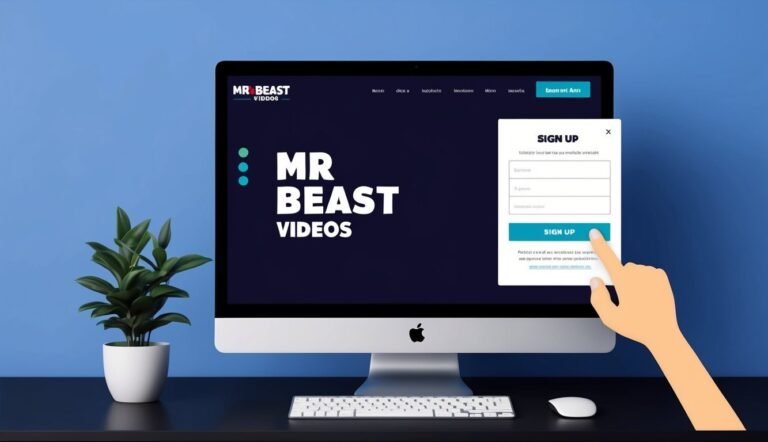 MrBeast Videos website on a computer screen with a sign-up form