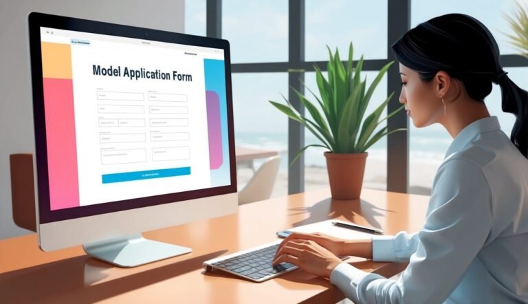Woman filling out a model application form on a computer