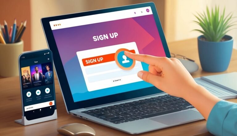 Hand pointing at "Sign Up" button on a laptop screen, phone nearby