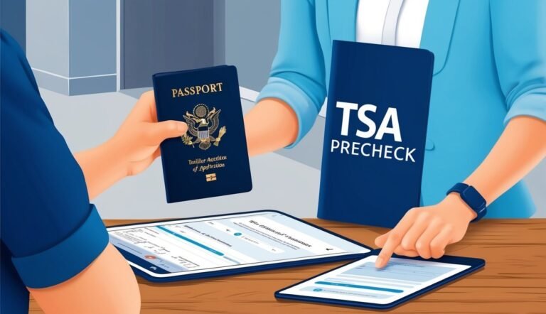 Person presenting a passport and TSA Precheck document with tablets on a desk