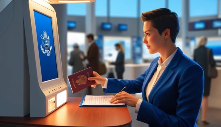Woman at airport kiosk with passport and form
