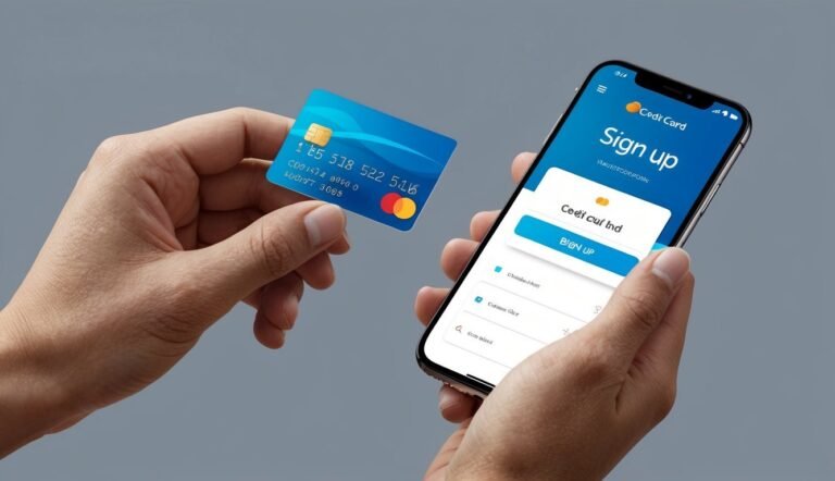 Hands holding a credit card and a smartphone with a sign-up screen