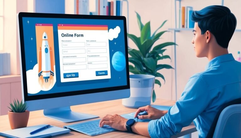 Man filling out online form on computer with rocket graphic
