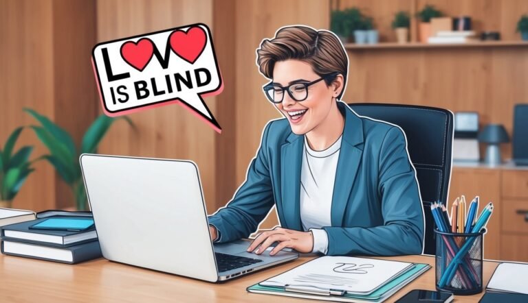 Woman smiling at laptop with "Love is Blind" thought bubble