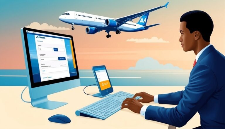 Man booking flight online with airplane in the background