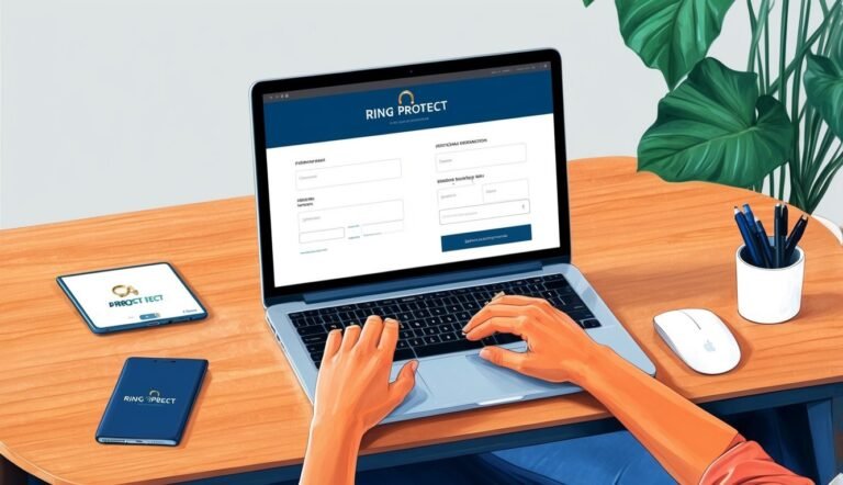Person typing on laptop with "Ring Protect" website, phone and tablet nearby