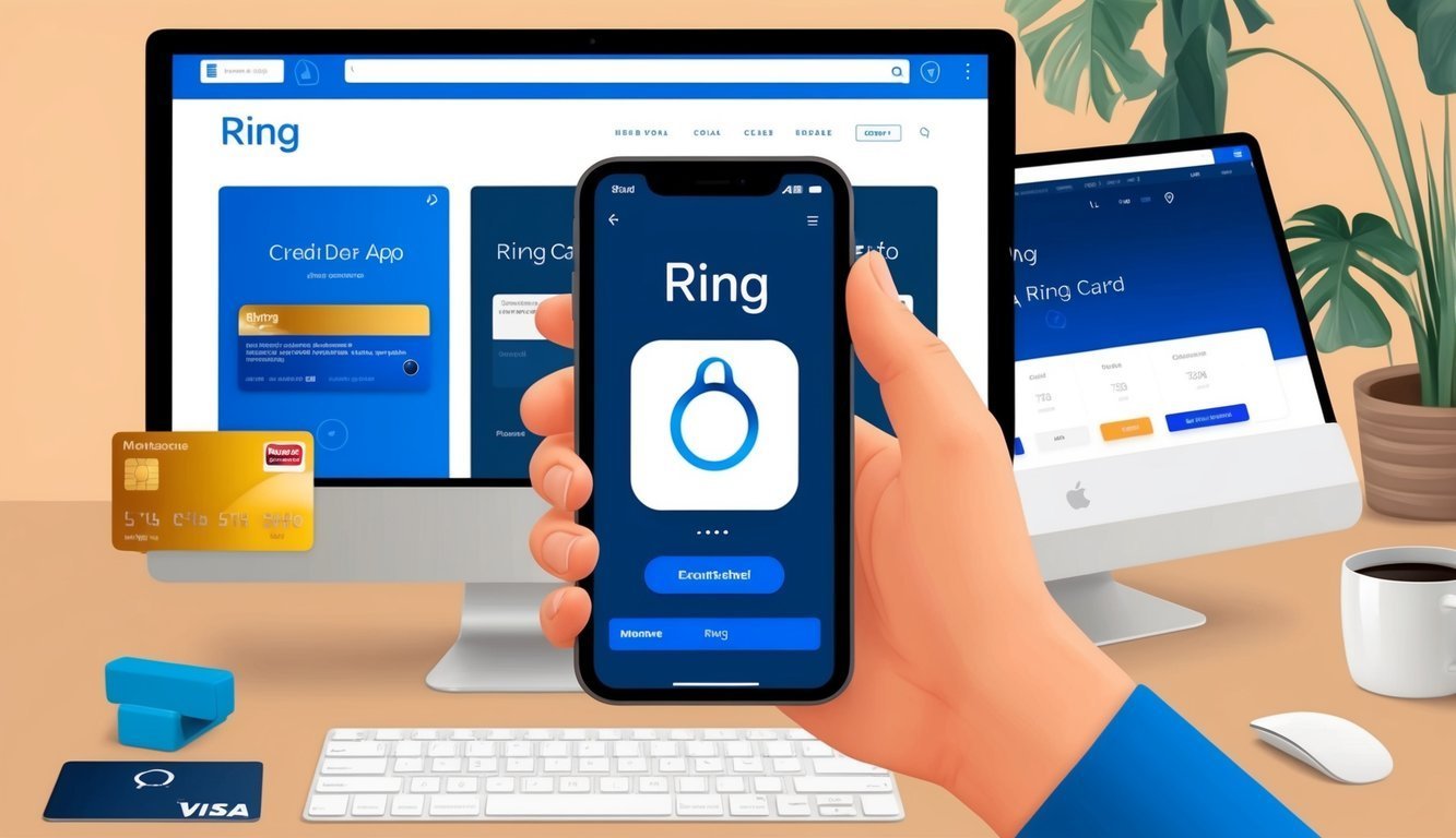 Hand holding phone with Ring app, multiple screens, credit cards, and coffee cup