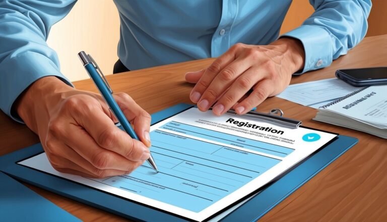 Person filling out a registration form with a pen on a clipboard
