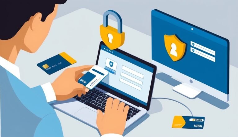 Person using laptop with credit cards, security lock, and protected screen