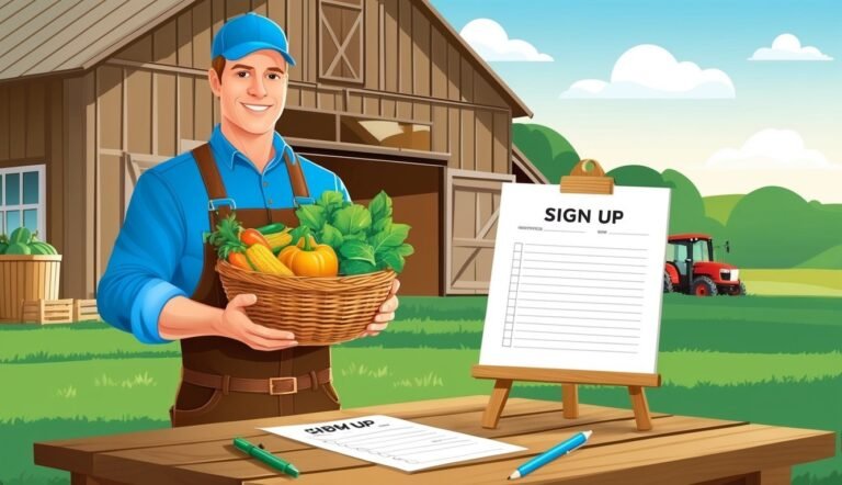 Farmer with basket of vegetables, sign-up sheet, and tractor on a farm