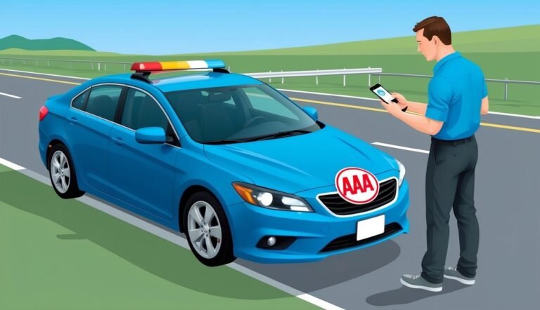 Blue AAA roadside assistance car with a man using a phone