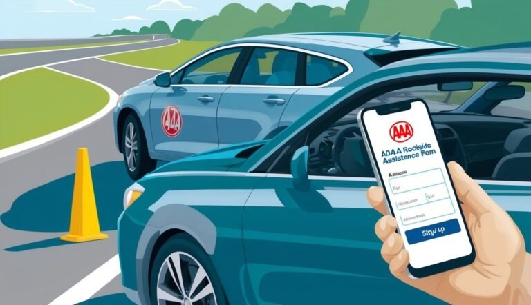 AAA roadside assistance form on a phone next to two cars