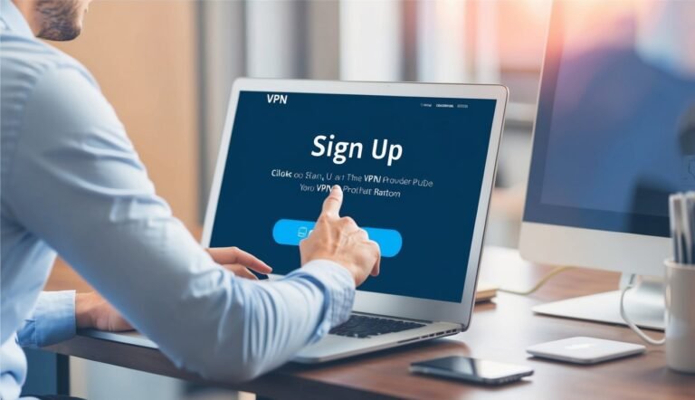 Man signing up for VPN service on a laptop, finger pointing at button