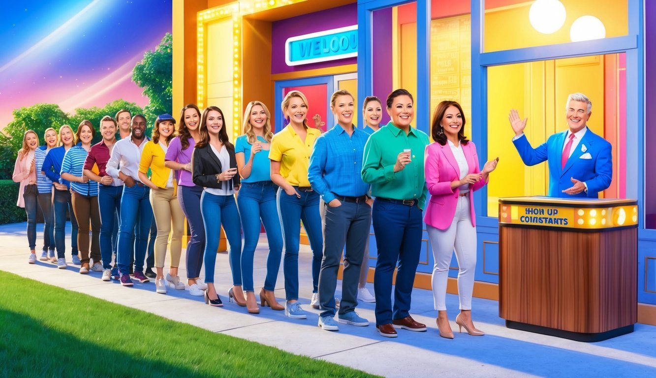 A line of eager contestants forms outside a brightly lit studio, with a sign-up table and a cheerful game show host welcoming them