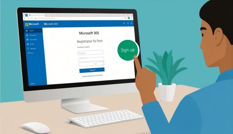 Person pointing at "Sign up" button on Microsoft 365 registration form