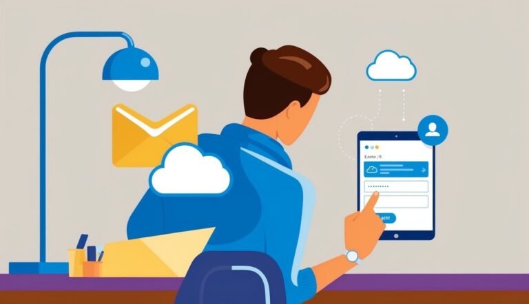Person using a tablet to log in, with email and cloud icons