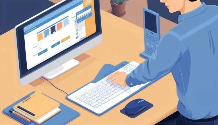 Person working on a computer with a keyboard, mouse, and notepad