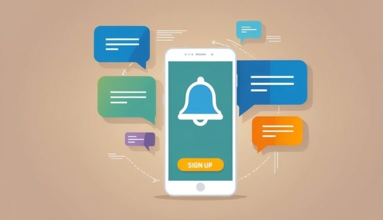 Smartphone with notification bell and speech bubbles, "Sign Up" button