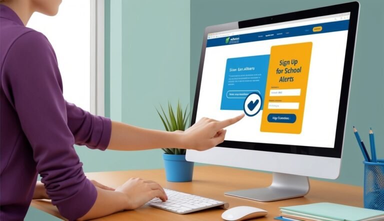 Woman signing up for school alerts on a computer screen