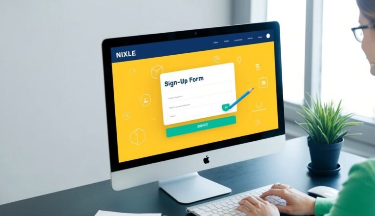 Woman using computer with a sign-up form on the screen