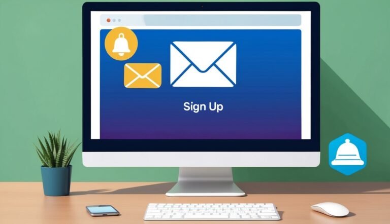 Computer screen with email sign-up, bell icon, and desk setup with plant