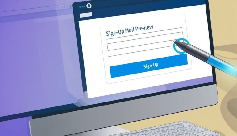 Computer screen with sign-up form, pen hovering over the "Sign Up" button