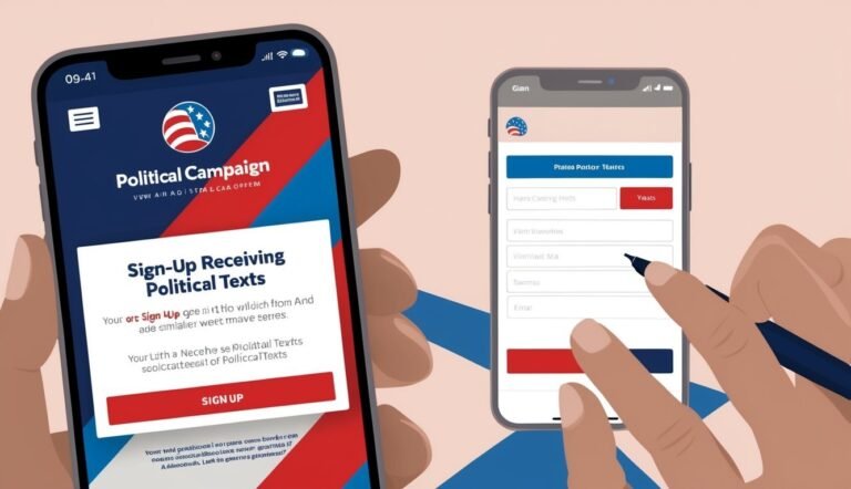 Two phones with political campaign sign-up forms, one being filled out