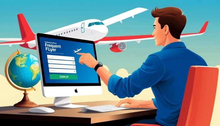Man signing up for a frequent flyer program on a computer. Airplane in background