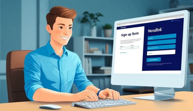Man smiling at computer with "Sign up form" on the screen