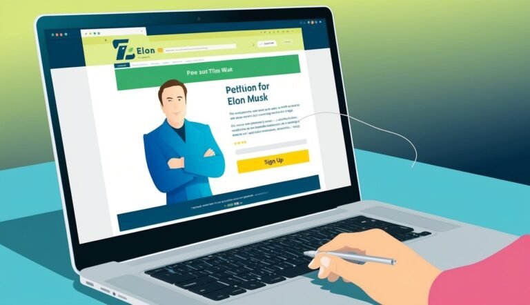 Laptop screen displays a petition for Elon Musk, with a hand holding a pen
