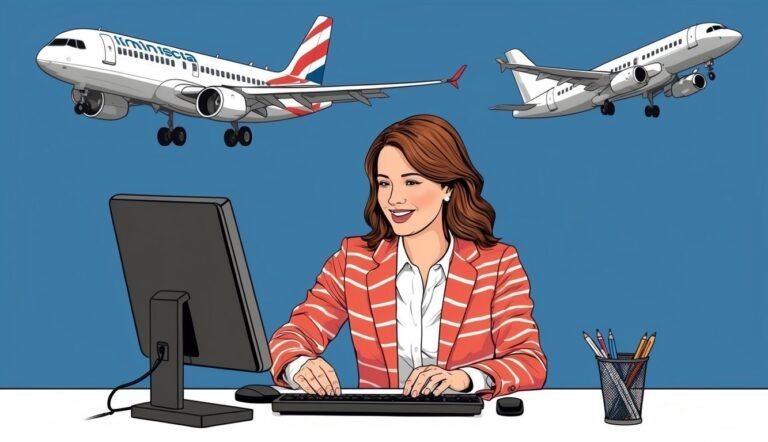 Woman working on computer with airplanes flying overhead