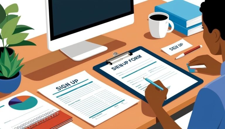 Person filling out a "Sign Up Form" on a clipboard at a desk