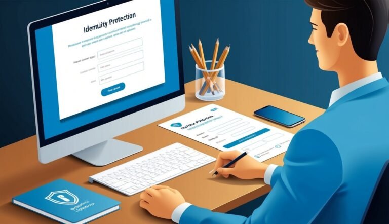 Man working on identity protection, filling out forms on computer and paper