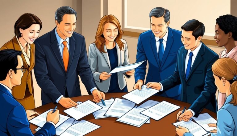 Business team reviewing documents and signing contracts around a table