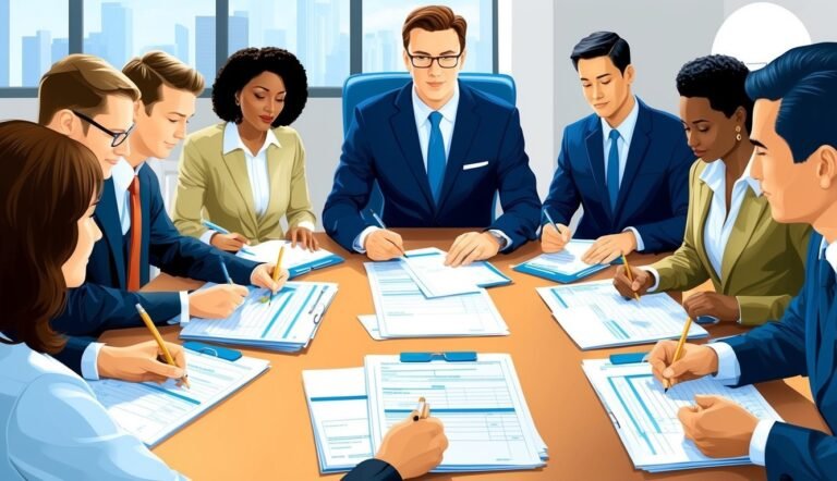 Business team in suits around a table, signing documents
