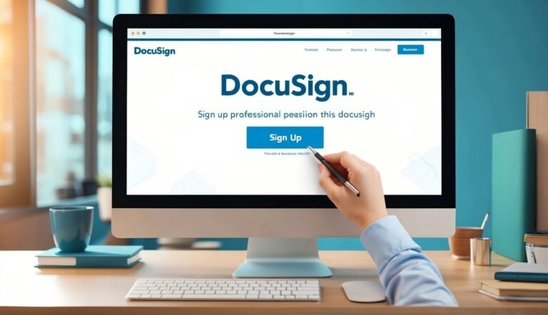 DocuSign website on a computer screen with a hand holding a pen