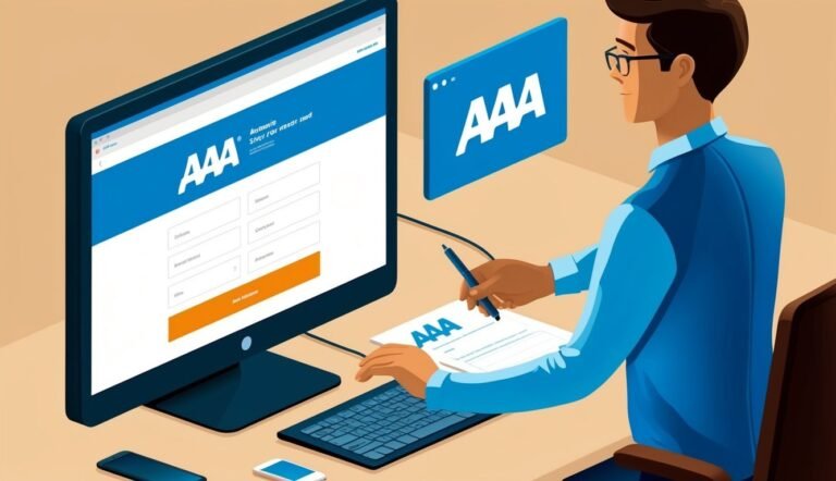 Man filling out AAA form on computer, with pen and paper
