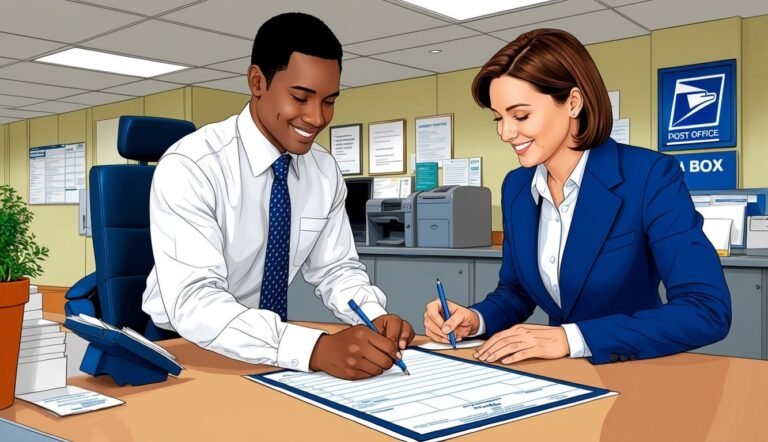 Two people at a desk in a post office signing a document