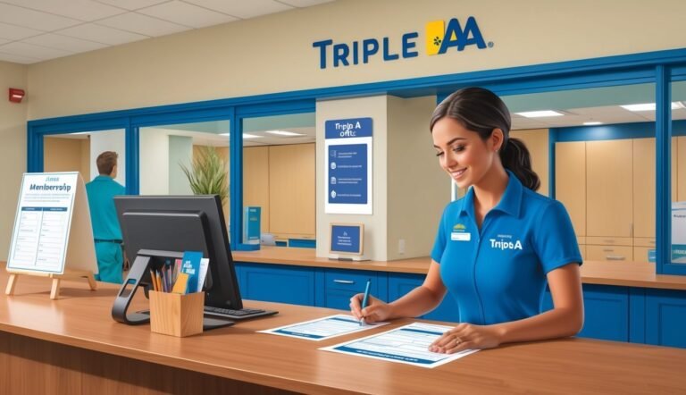 Woman at a Triple A desk filling out paperwork, smiling