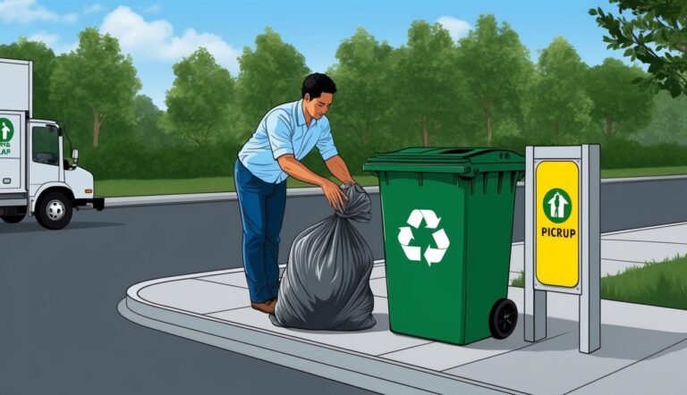 Man putting trash bag into green recycling bin, pickup truck nearby