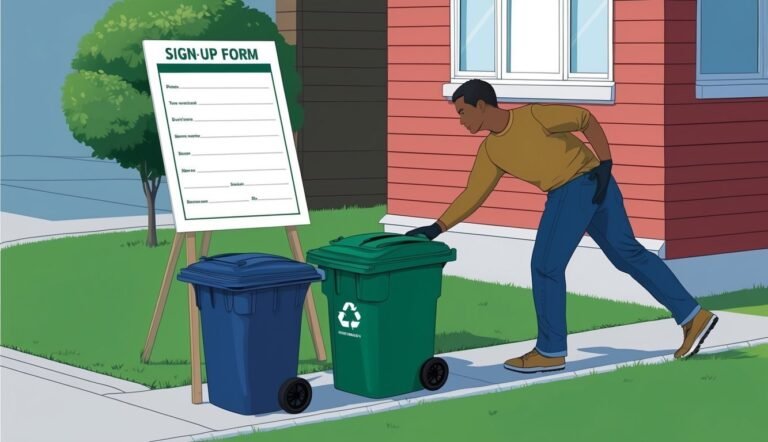 Man reaching for green recycling bin near sign-up form and blue trash bin