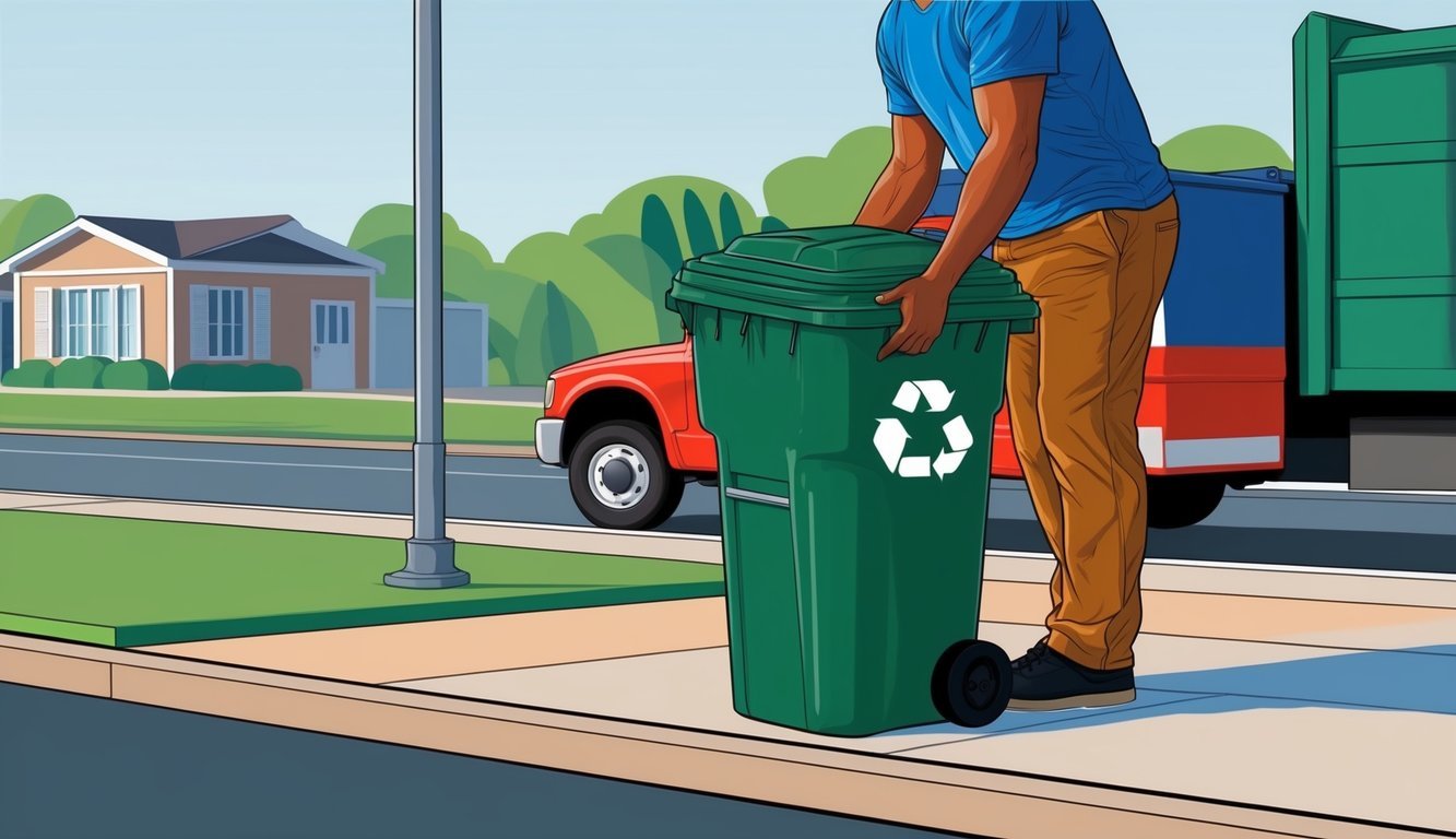 A person placing a filled garbage can by the curb for pickup