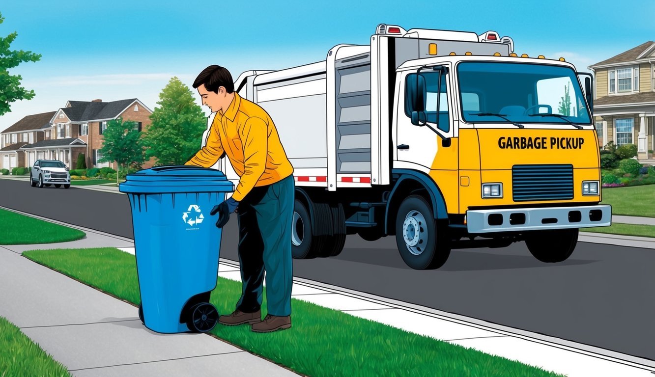 A person placing a garbage bin on the curb, while a truck labeled "Garbage Pickup" drives by