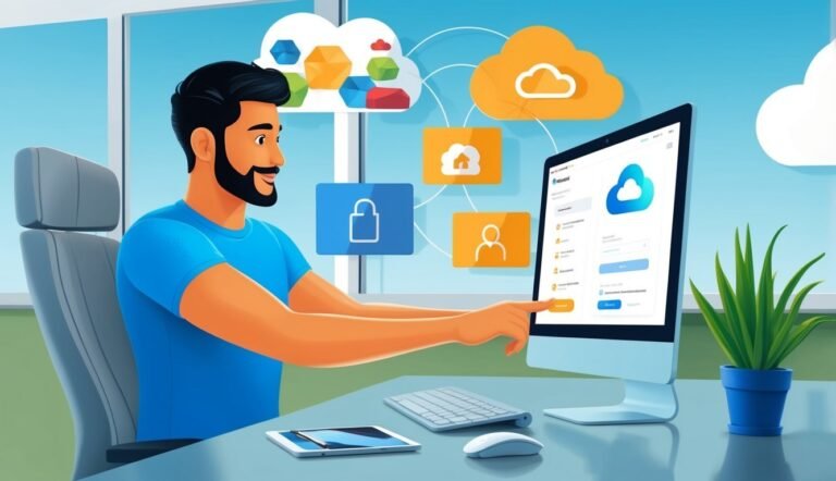 Man pointing at computer screen with cloud storage icons above