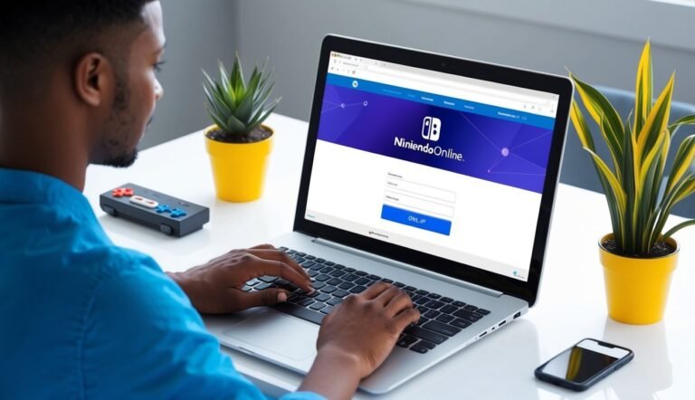 Person using a laptop to log into Nintendo Online, with plants and controller nearby