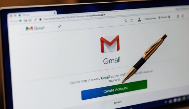 Gmail login screen on a laptop with a pen resting on the screen